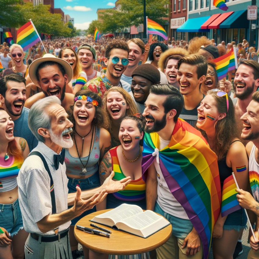 preacher preaching to a lgbtq crowd pride festival